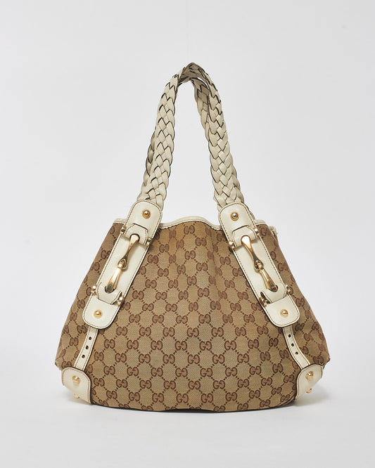 Gucci White Leather 
Monogram Canvas Pelham Tote Bag