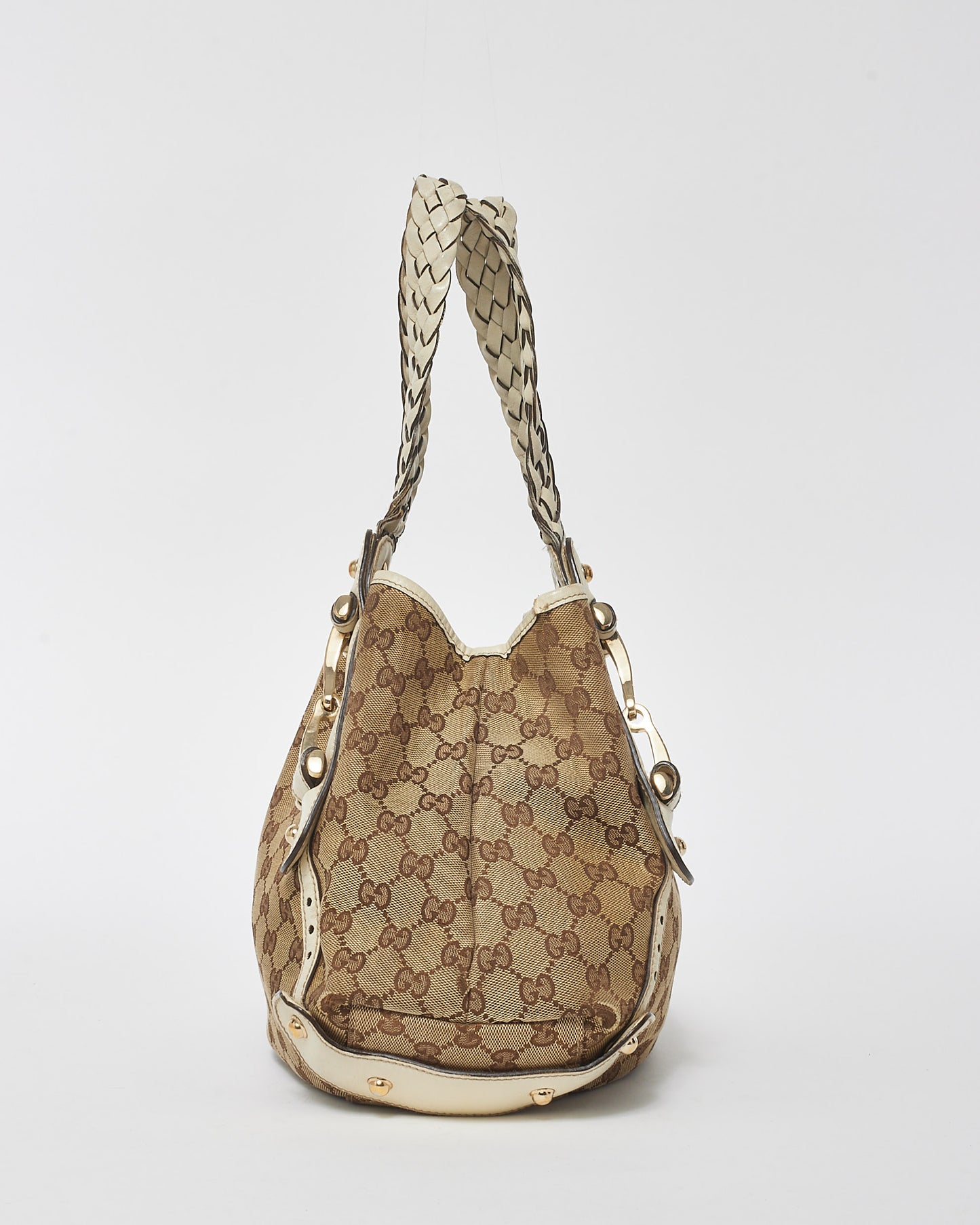 Gucci White Leather 
Monogram Canvas Pelham Tote Bag