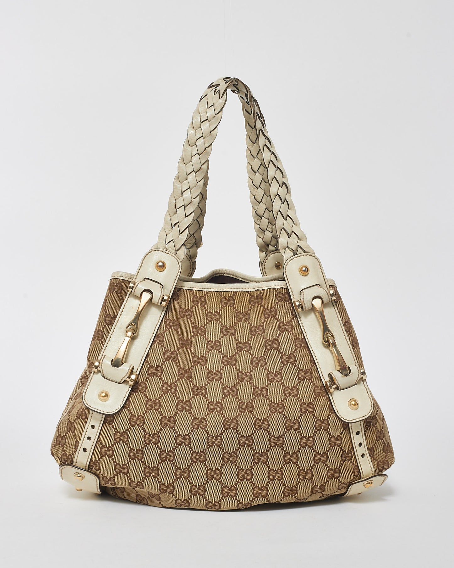 Gucci White Leather 
Monogram Canvas Pelham Tote Bag