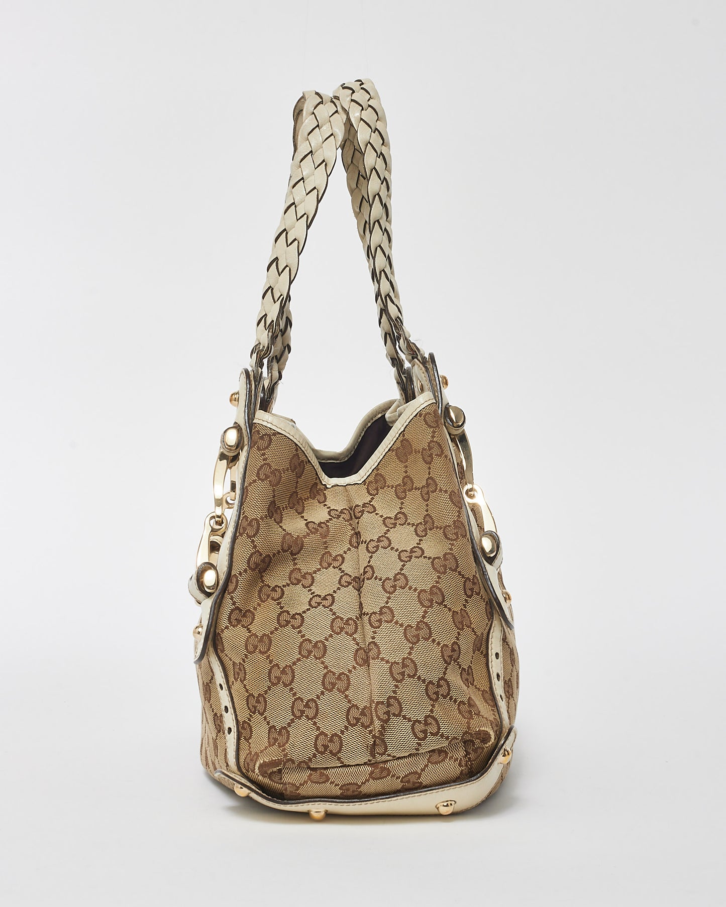 Gucci White Leather 
Monogram Canvas Pelham Tote Bag