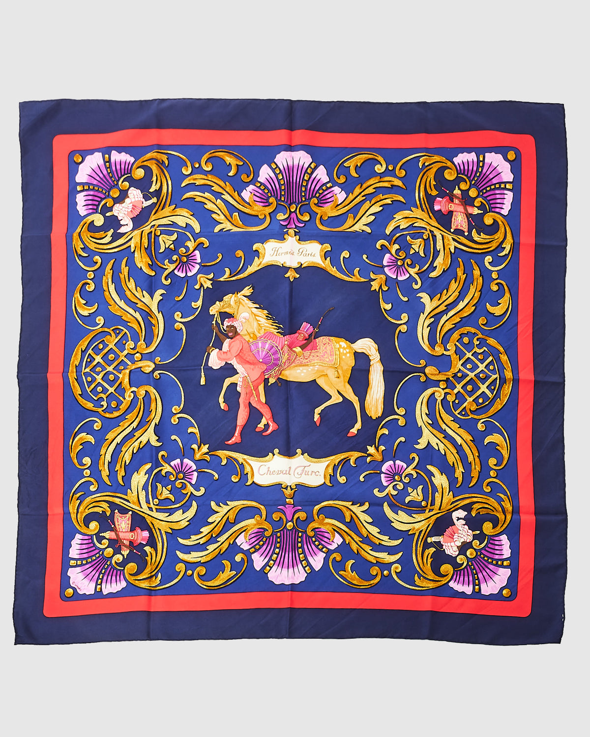 Hermès Navy Blue 
Red "Cheval Turc" Silk Scarf