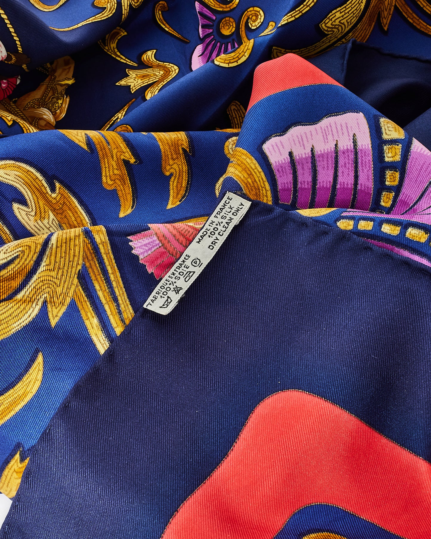 Hermès Navy Blue 
Red "Cheval Turc" Silk Scarf