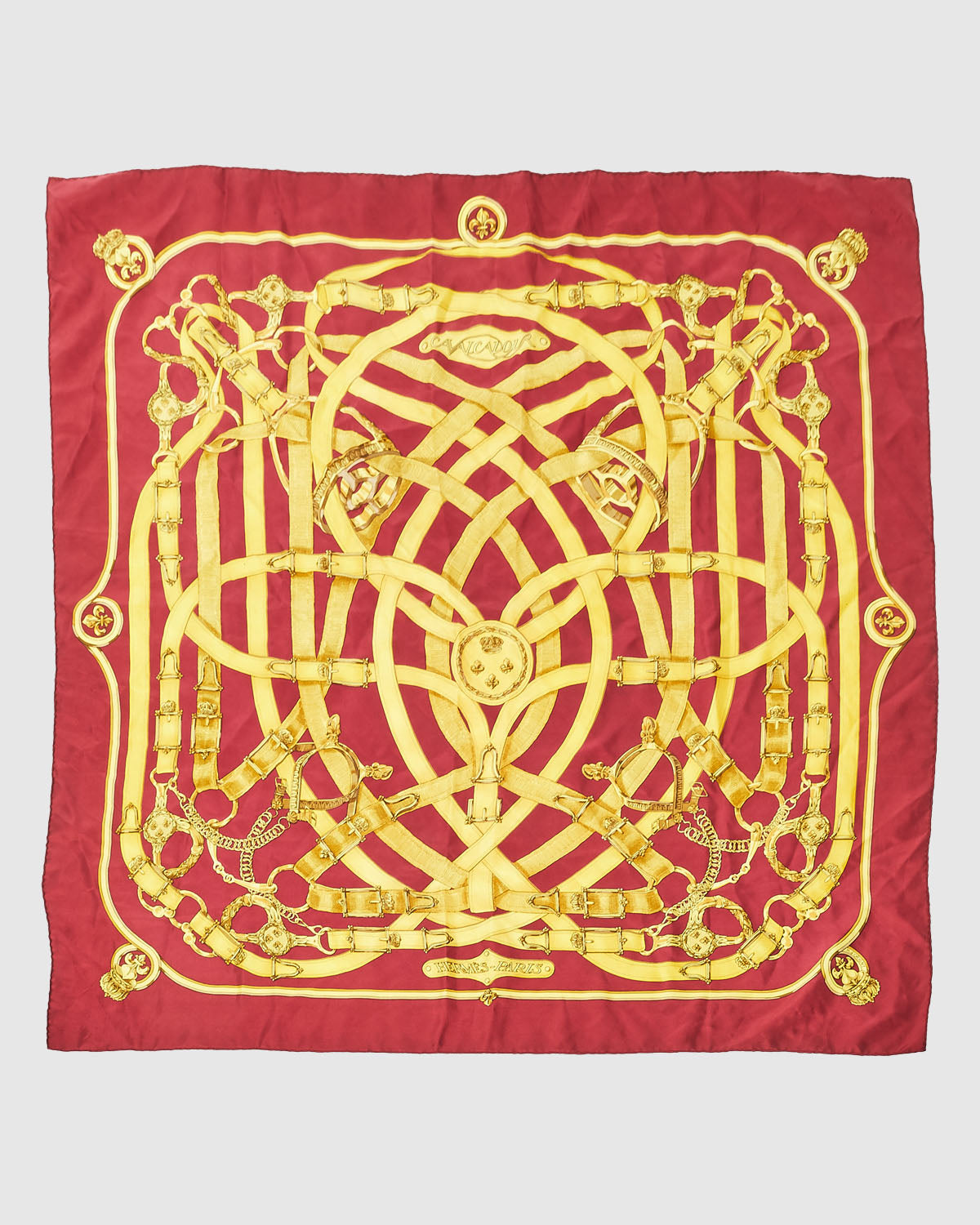 Hermès Burgundy 
Yellow "Cavalcadour" Silk Scarf