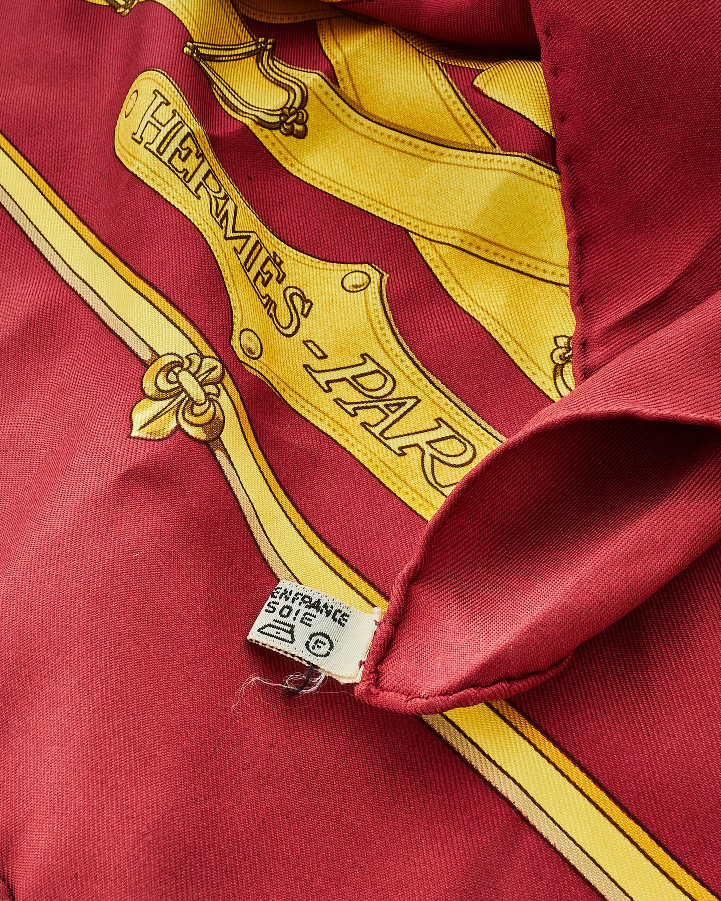 Hermès Burgundy 
Yellow "Cavalcadour" Silk Scarf