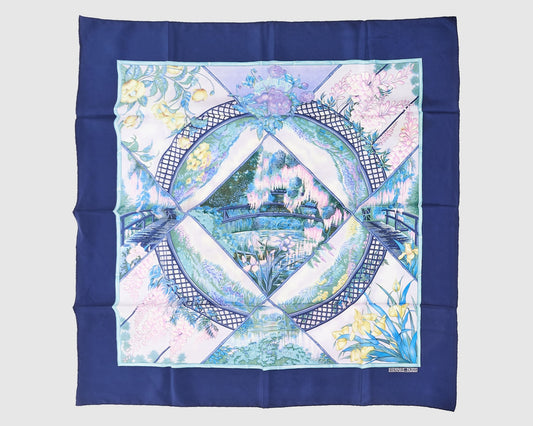 Hermès Navy Blue 
Purple "Giverny" Silk Scarf