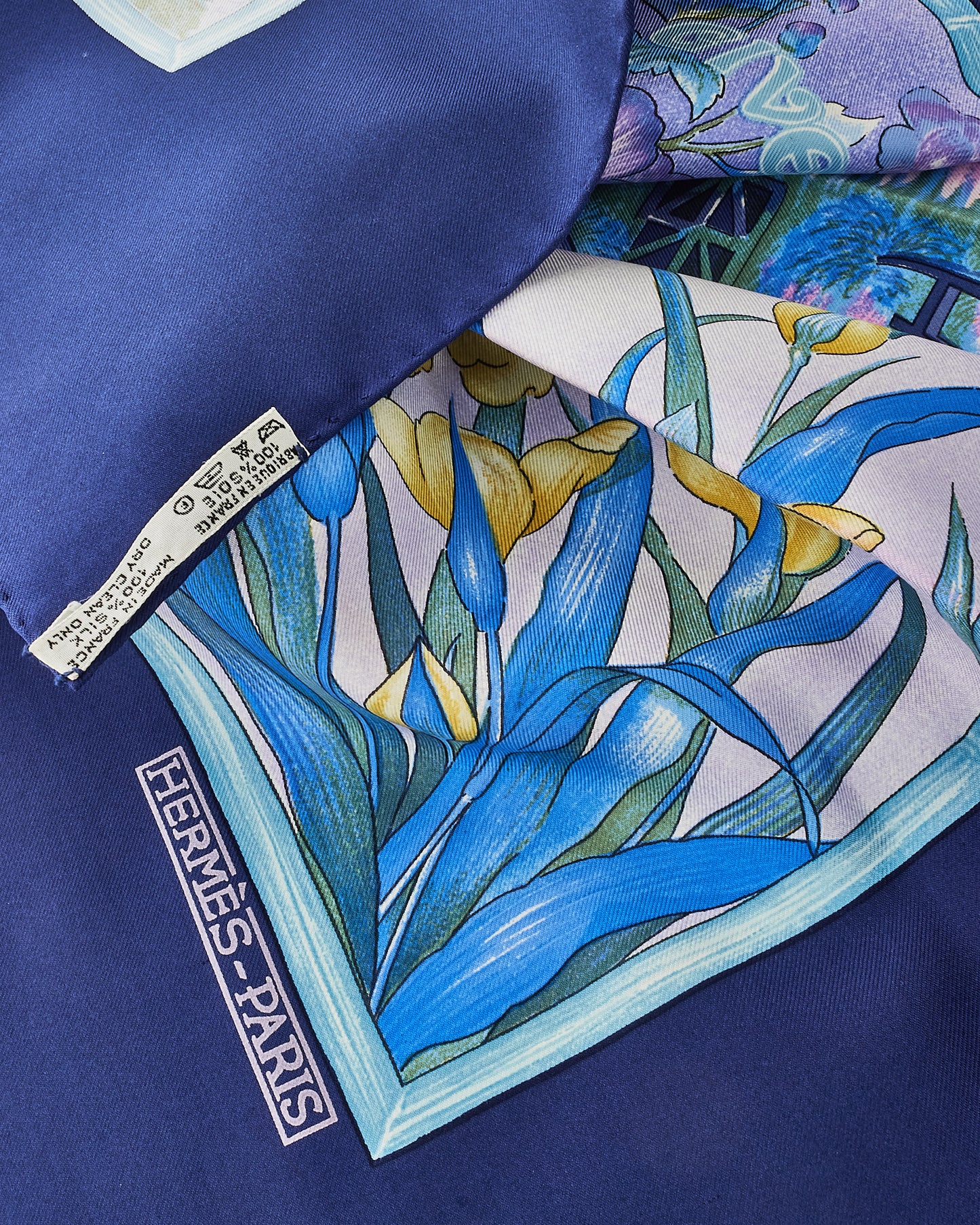 Hermès Navy Blue 
Purple "Giverny" Silk Scarf