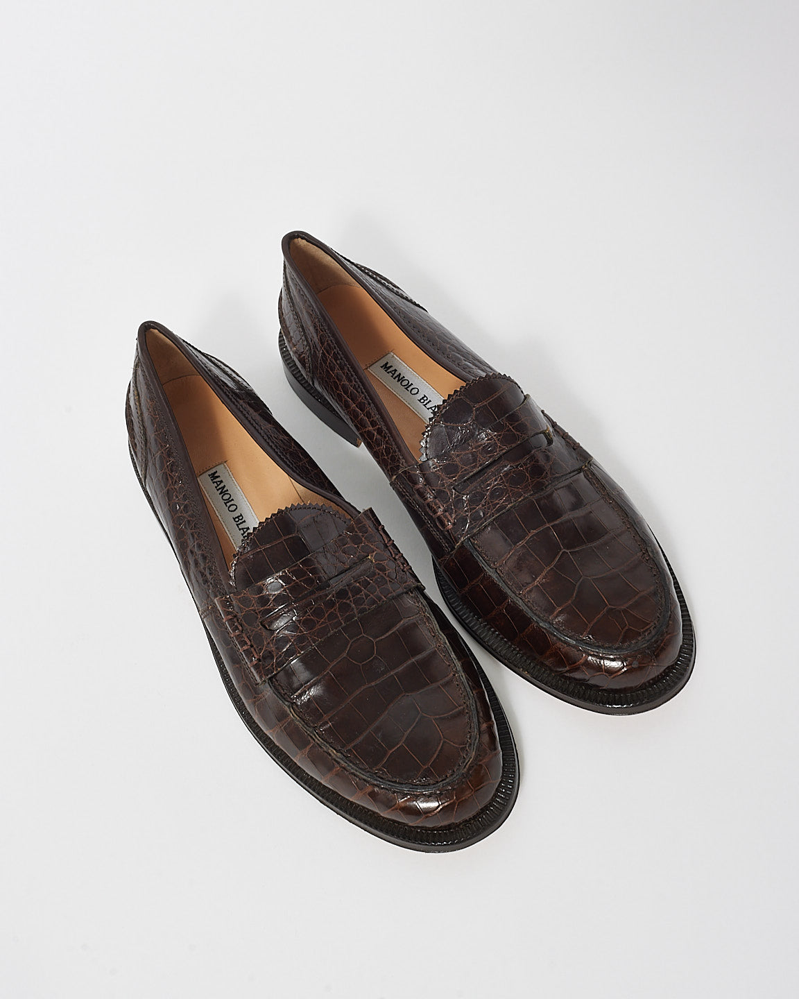 Manolo Blahnik Brown Croc Embossed Loafers - 39