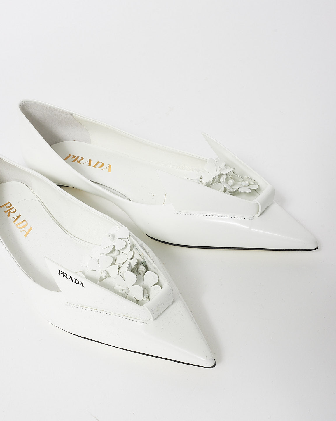 Prada White Leather Floral Appliqué Flats - 36.5