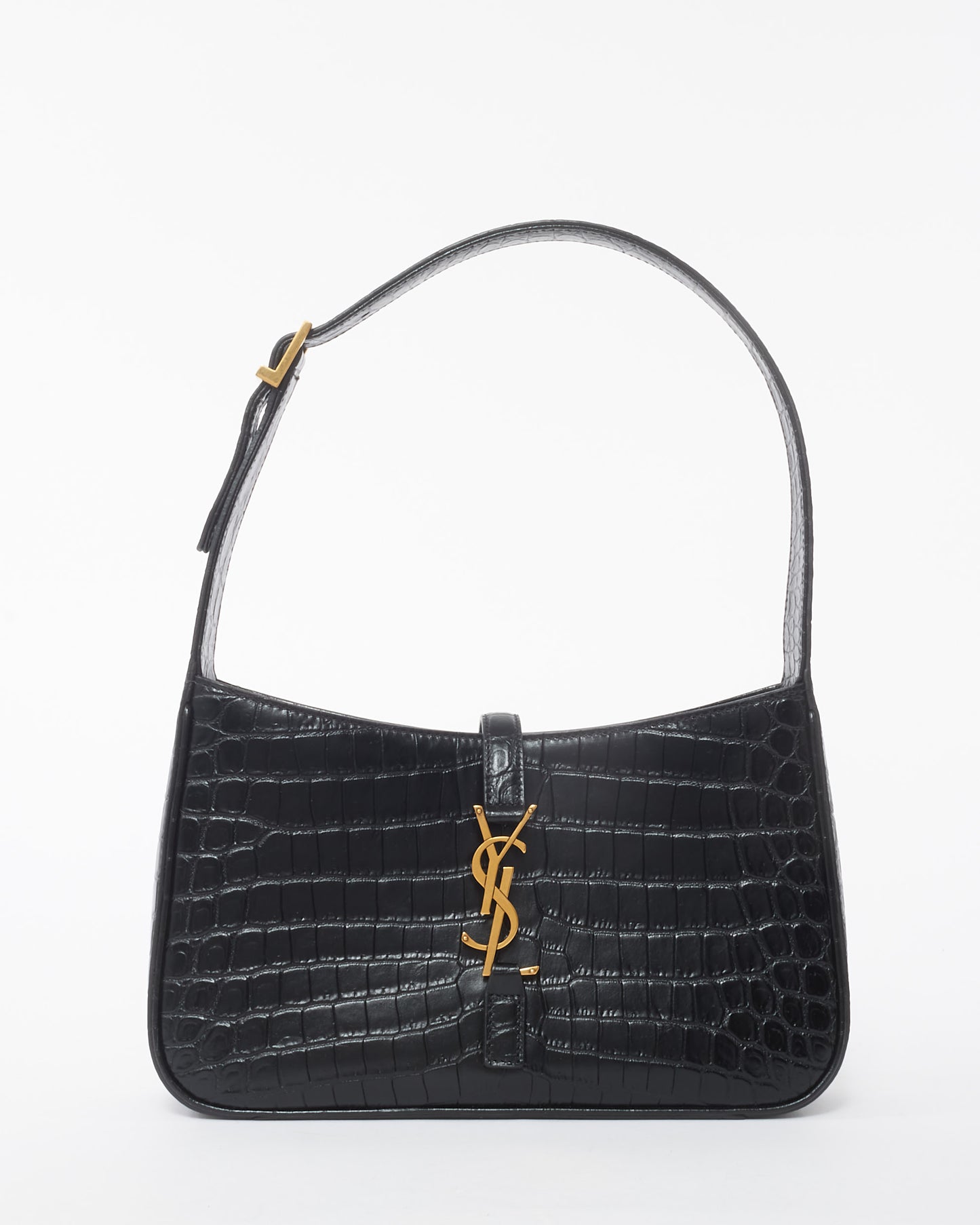 Saint Laurent Black Leather Croc Embossed 5 À 7 Shoulder Bag