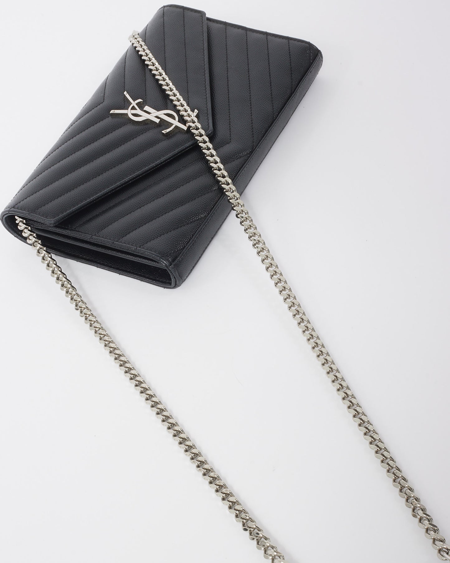 Saint Laurent Black Grain de Poudre Leather Classic Cassandre Chain Wallet Crossbody