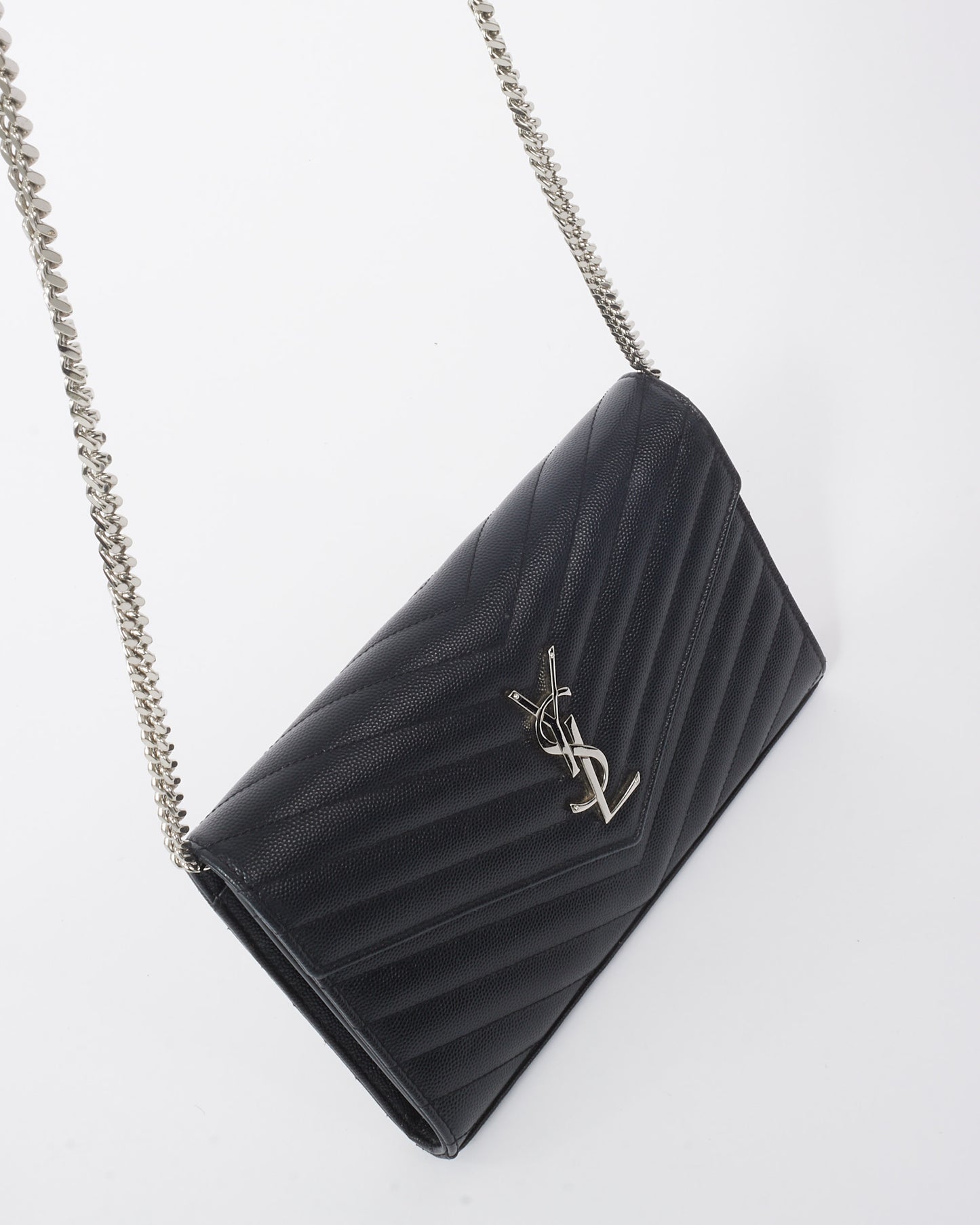 Saint Laurent Black Grain de Poudre Leather Classic Cassandre Chain Wallet Crossbody