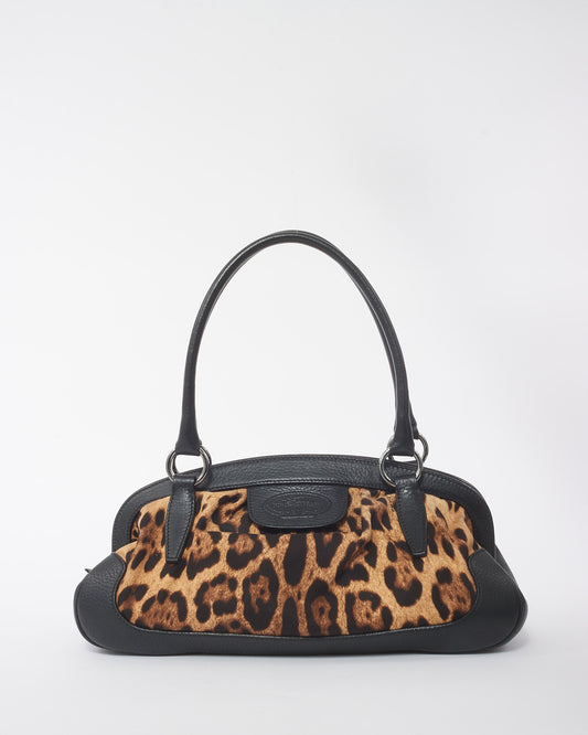 Dolce 
Gabbana Black Leather Trim Leopard Print Medium Satchel