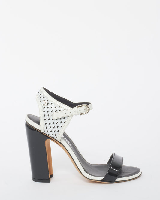 Chanel Black and White Perforated Crackled Patent Leather Calfskin Block Heel Sandals - 37