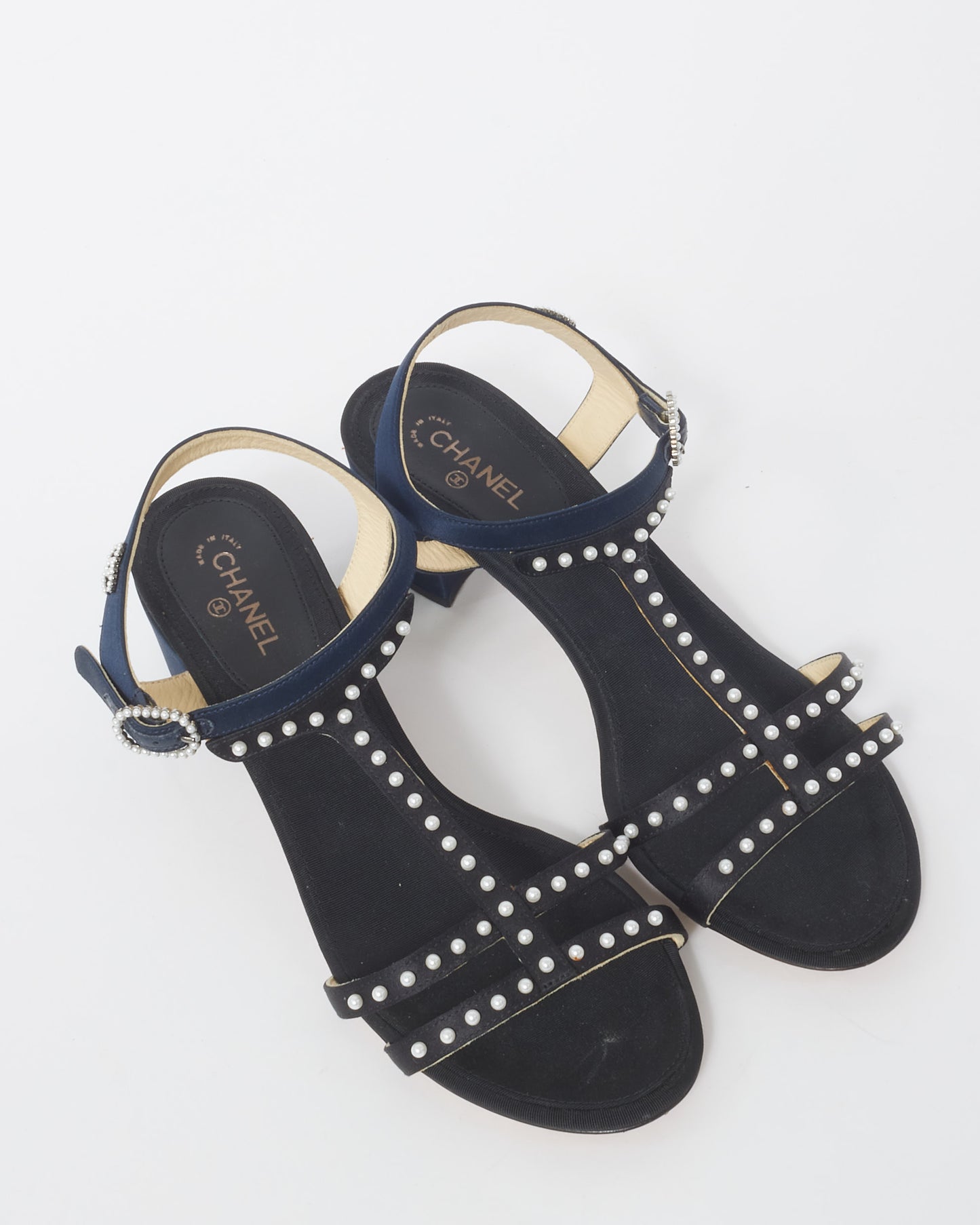 Chanel Navy and Black Satin and Pearl Embellished Block Heel Sandals - 38.5