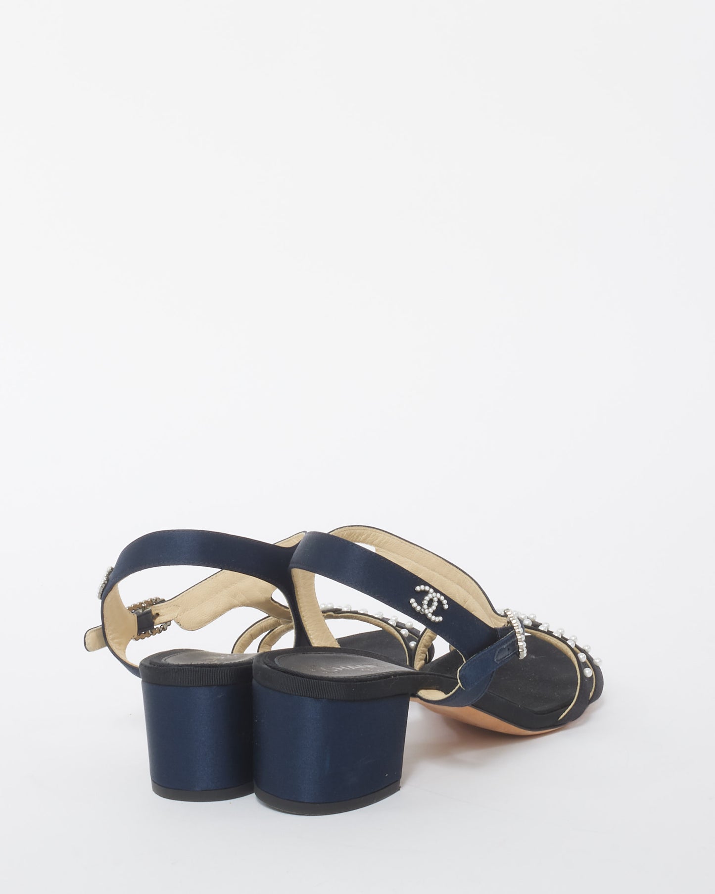 Chanel Navy and Black Satin and Pearl Embellished Block Heel Sandals - 38.5