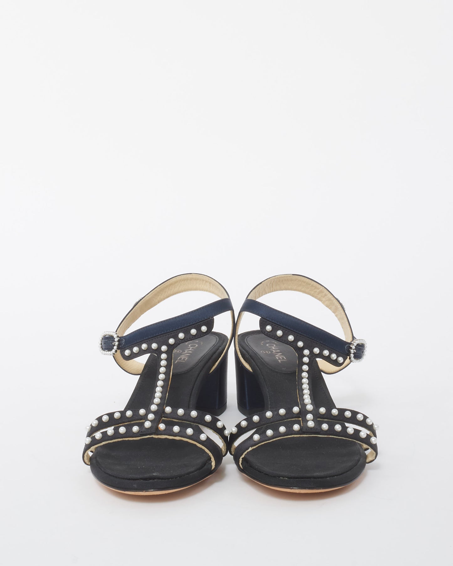 Chanel Navy and Black Satin and Pearl Embellished Block Heel Sandals - 38.5