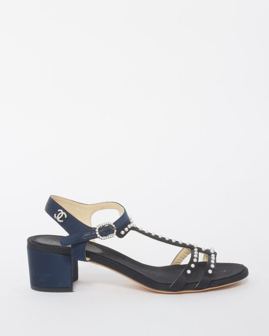 Chanel Navy and Black Satin and Pearl Embellished Block Heel Sandals - 38.5