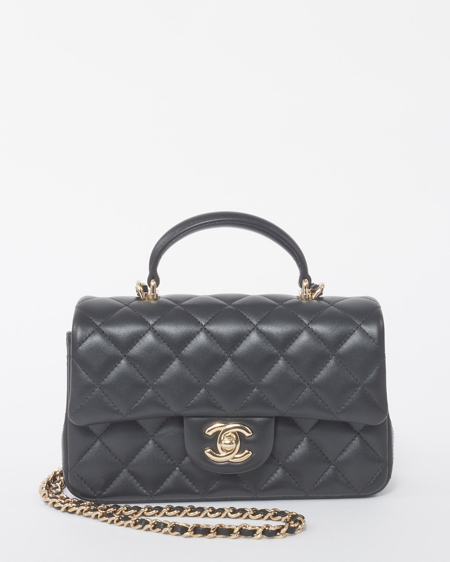 Chanel Black Lambskin Leather Mini Rectangle Top Handle Bag Champagne Hardware