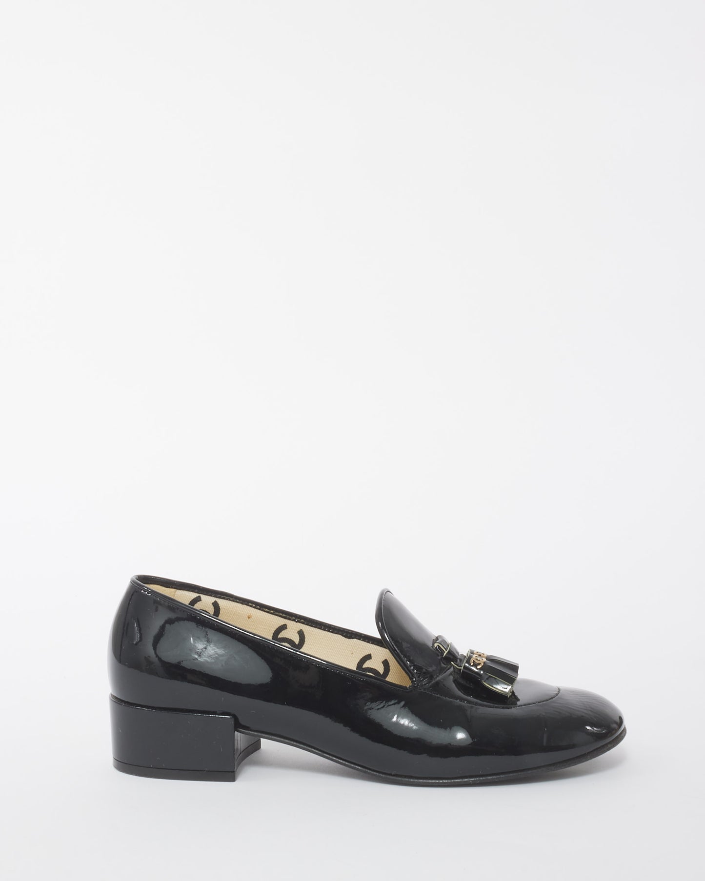 Chanel Black Patent Leather Interlocking CC Block Heel Loafers - 37.5