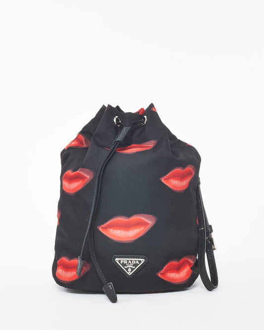 Prada Black Nylon Red Lips Bucket Pouch