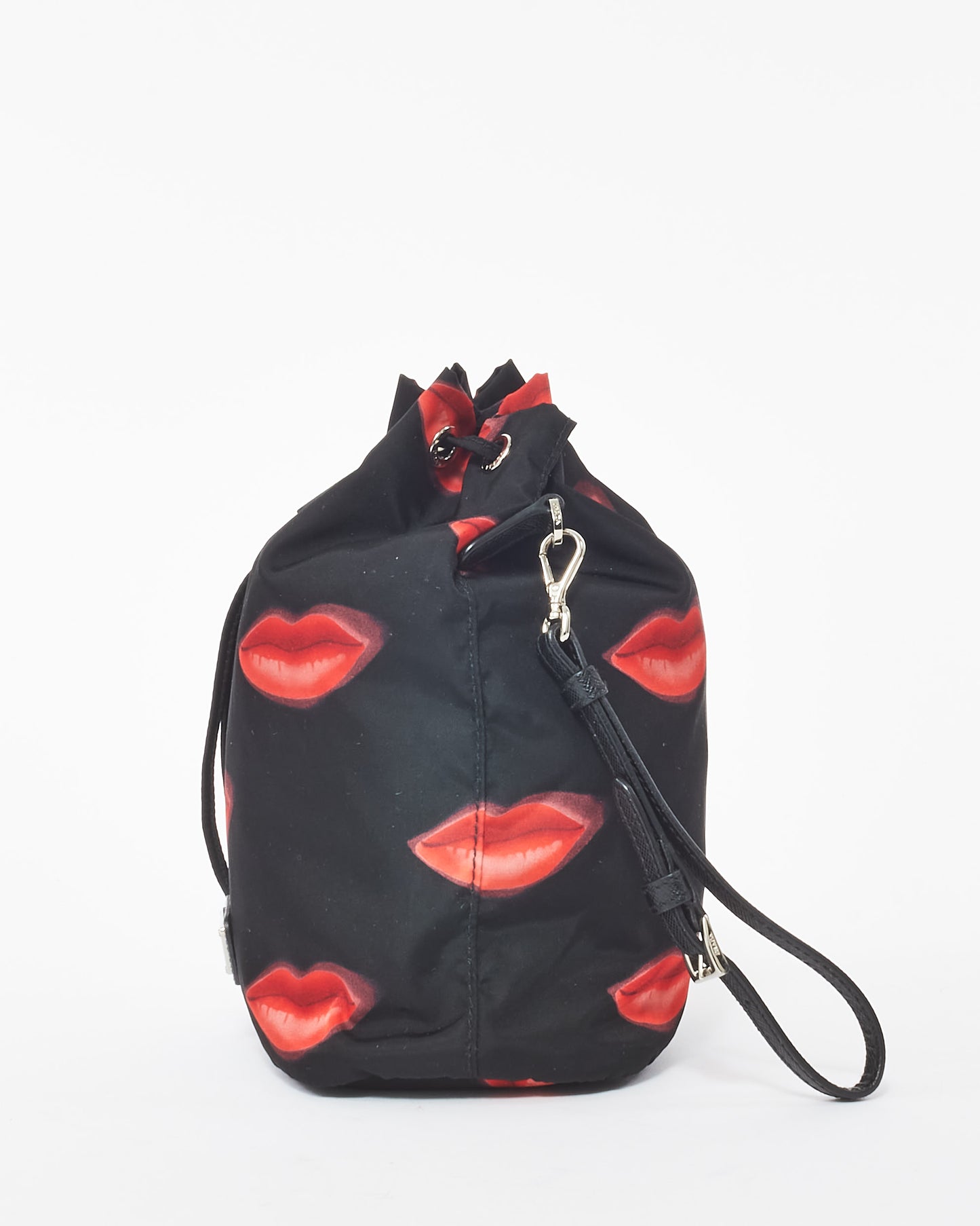 Prada Black Nylon Red Lips Bucket Pouch