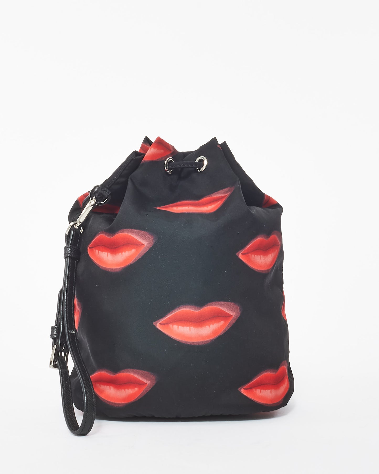 Prada Black Nylon Red Lips Bucket Pouch