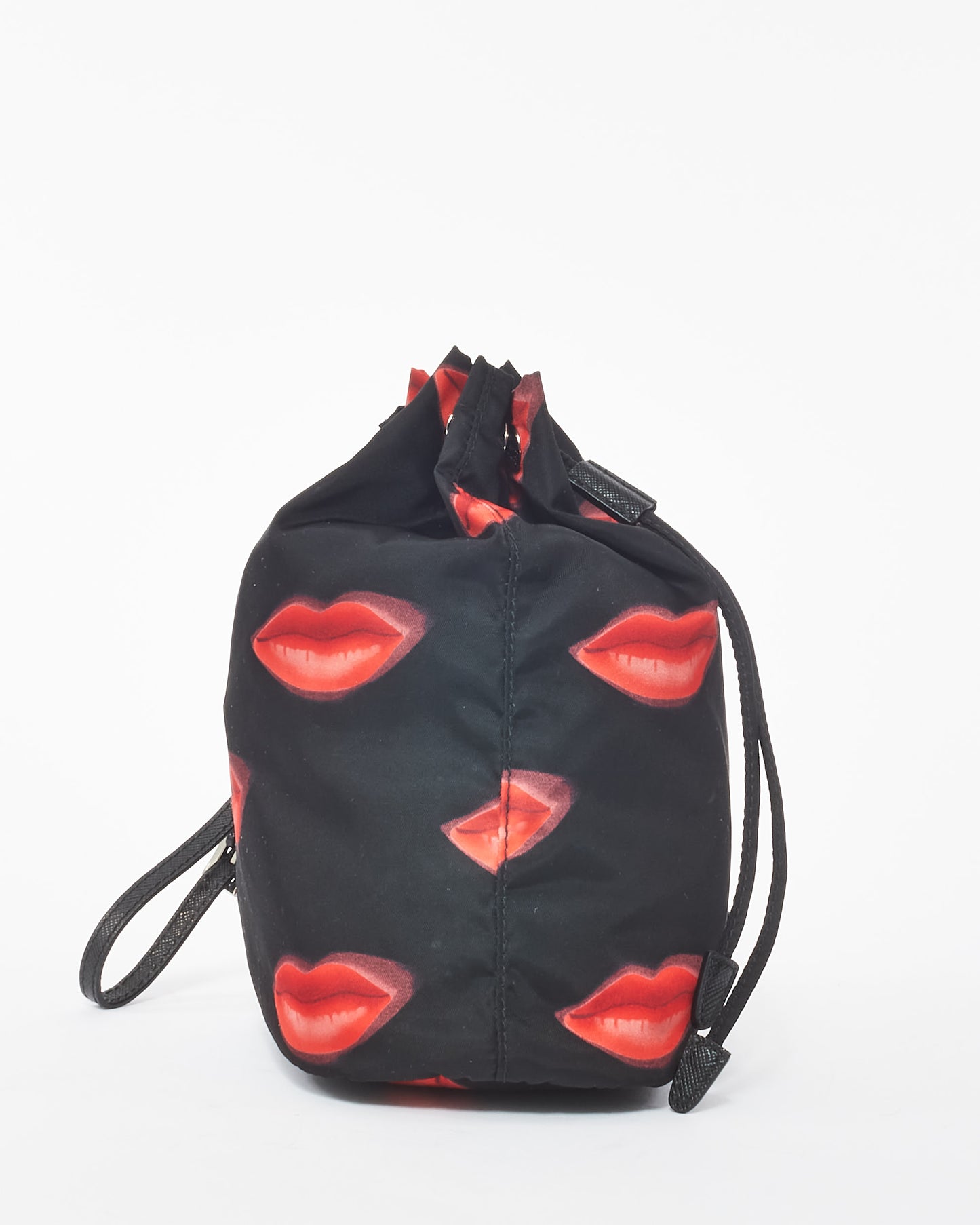 Prada Black Nylon Red Lips Bucket Pouch