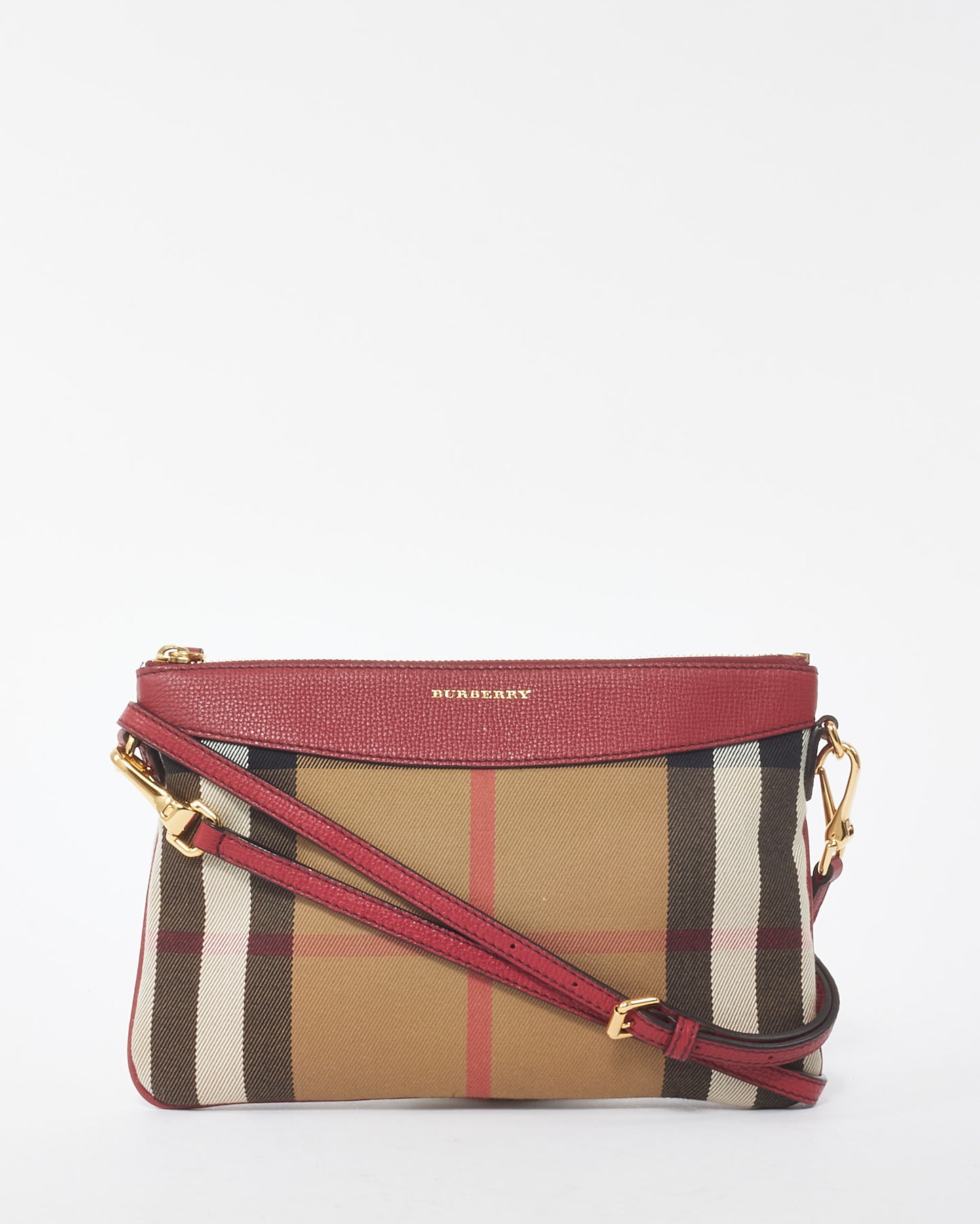 Burberry Red Canvas House Check Derby Peyton Crossbody Clutch Bag