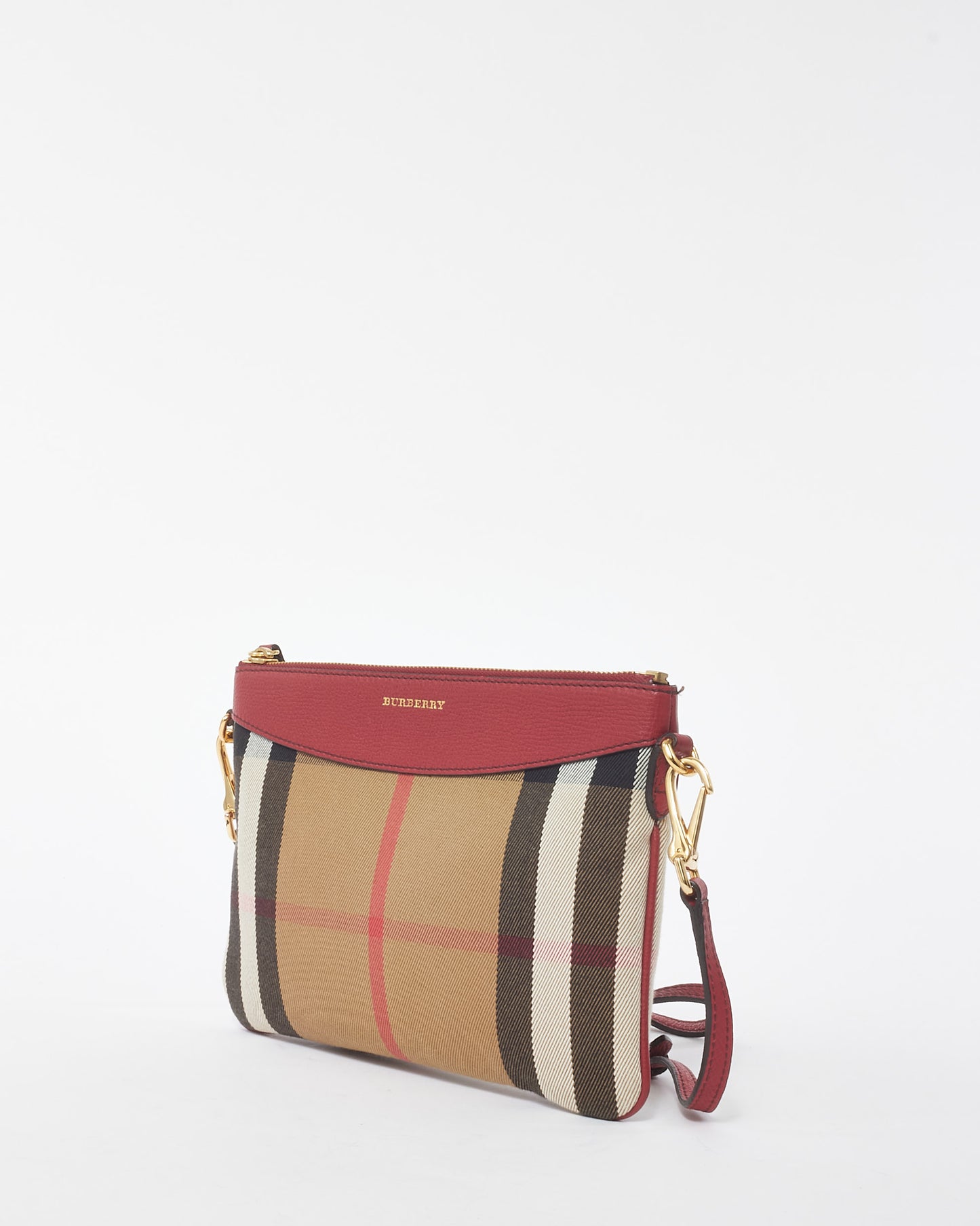 Burberry Red Canvas House Check Derby Peyton Crossbody Clutch Bag