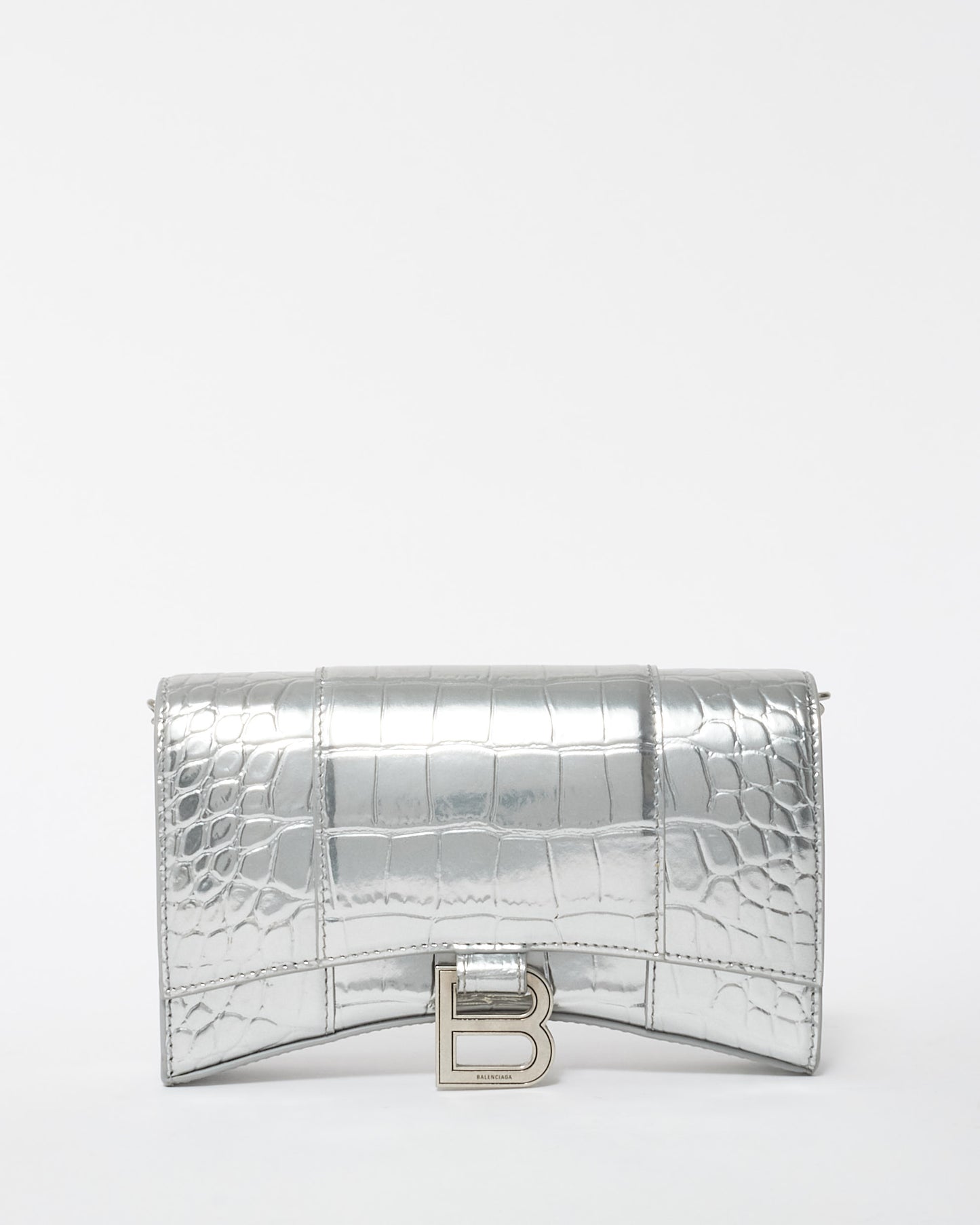 Balenciaga Silver Croc Embossed Hourglass Chain Bag