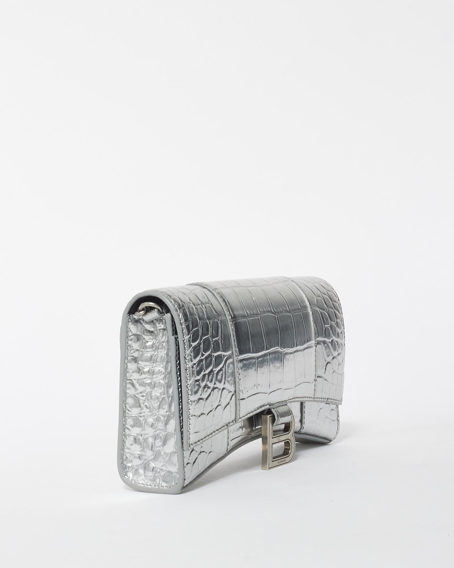 Balenciaga Silver Croc Embossed Hourglass Chain Bag