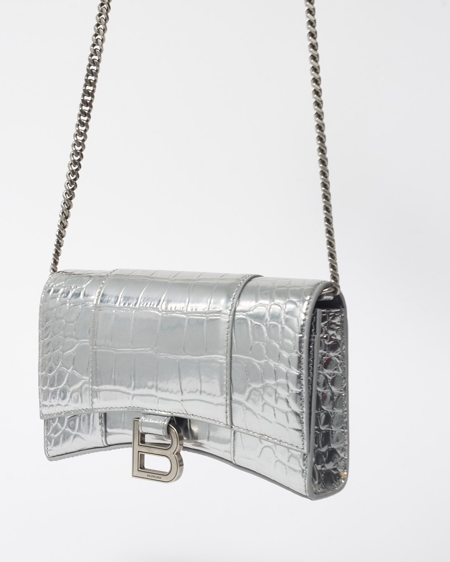 Balenciaga Silver Croc Embossed Hourglass Chain Bag