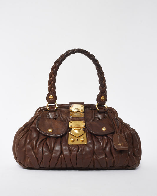 Miu Miu Brown Matelassé Leather Coffer Frame Satchel