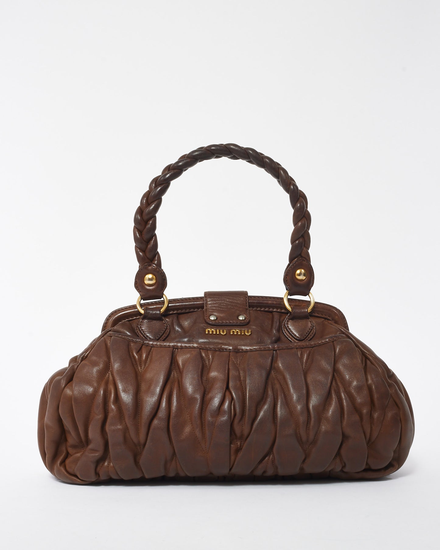 Miu Miu Brown Matelassé Leather Coffer Frame Satchel