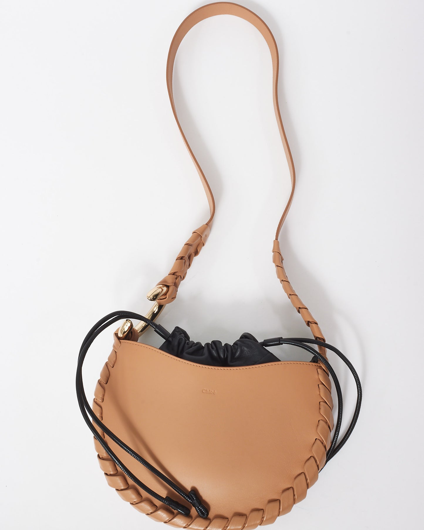 Chloé Nude and Black Leather Woven-Trim Crossbody Bag