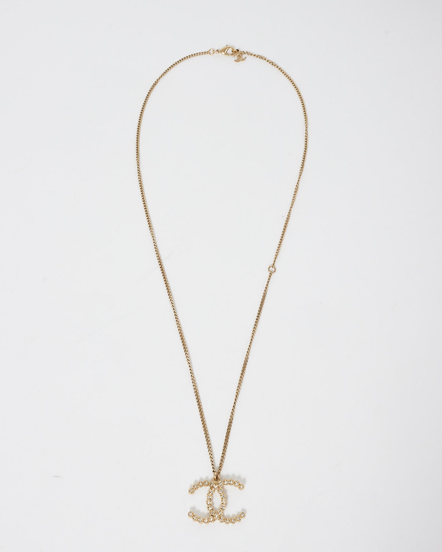 Chanel Gold Tone Metal Crystal CC Logo Necklace