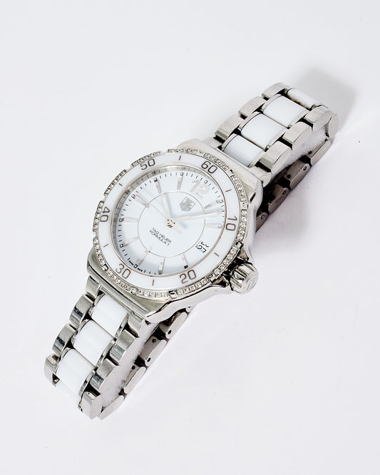 Tag Heuer Silver and White Ceramic 
Sterling Silver with Diamonds Formula 1 Ladies Watch