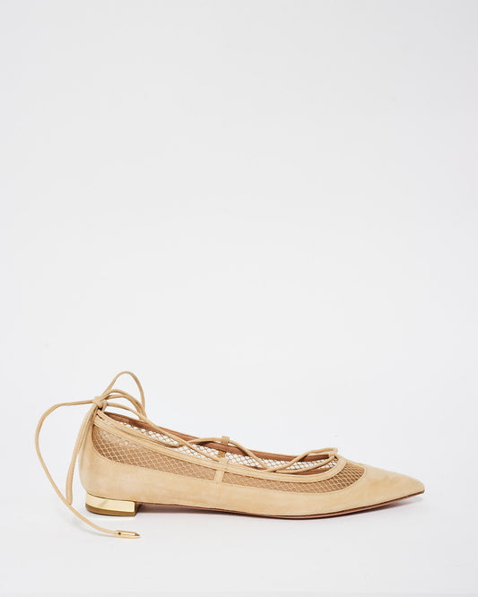 Aquazzura Beige Suede 
Mesh Accents Lace Up Pointed Toe Ballet Flats - 38