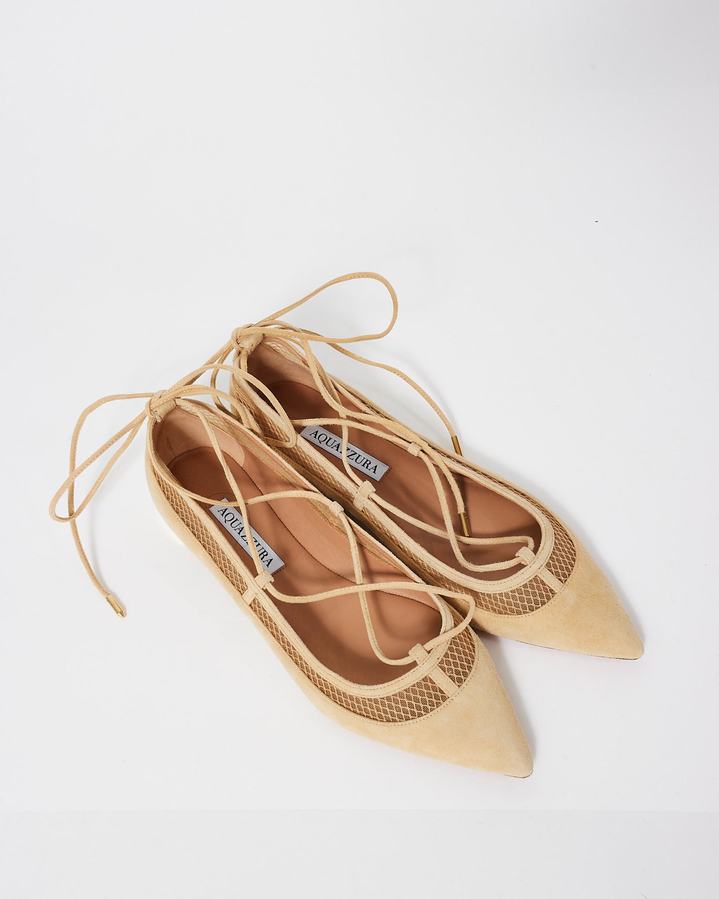 Aquazzura Beige Suede 
Mesh Accents Lace Up Pointed Toe Ballet Flats - 38