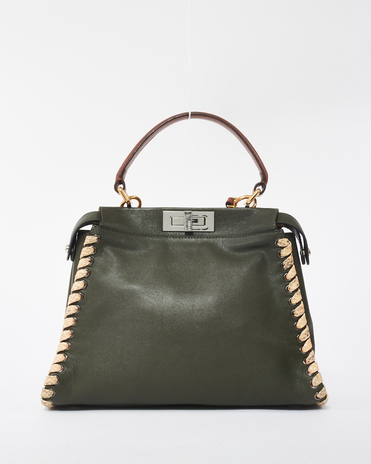 Fendi Army Green Calfskin Leather Elaphe Lace Up Medium Peekaboo