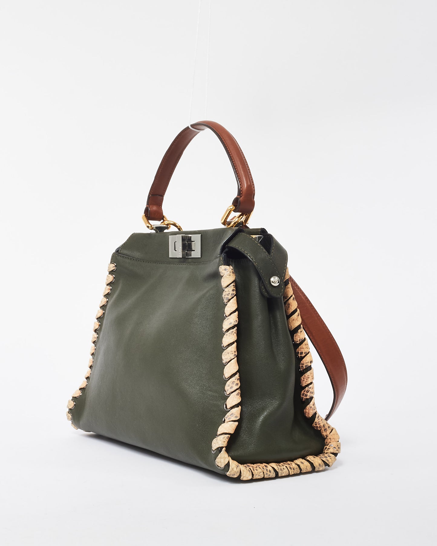 Fendi Army Green Calfskin Leather Elaphe Lace Up Medium Peekaboo