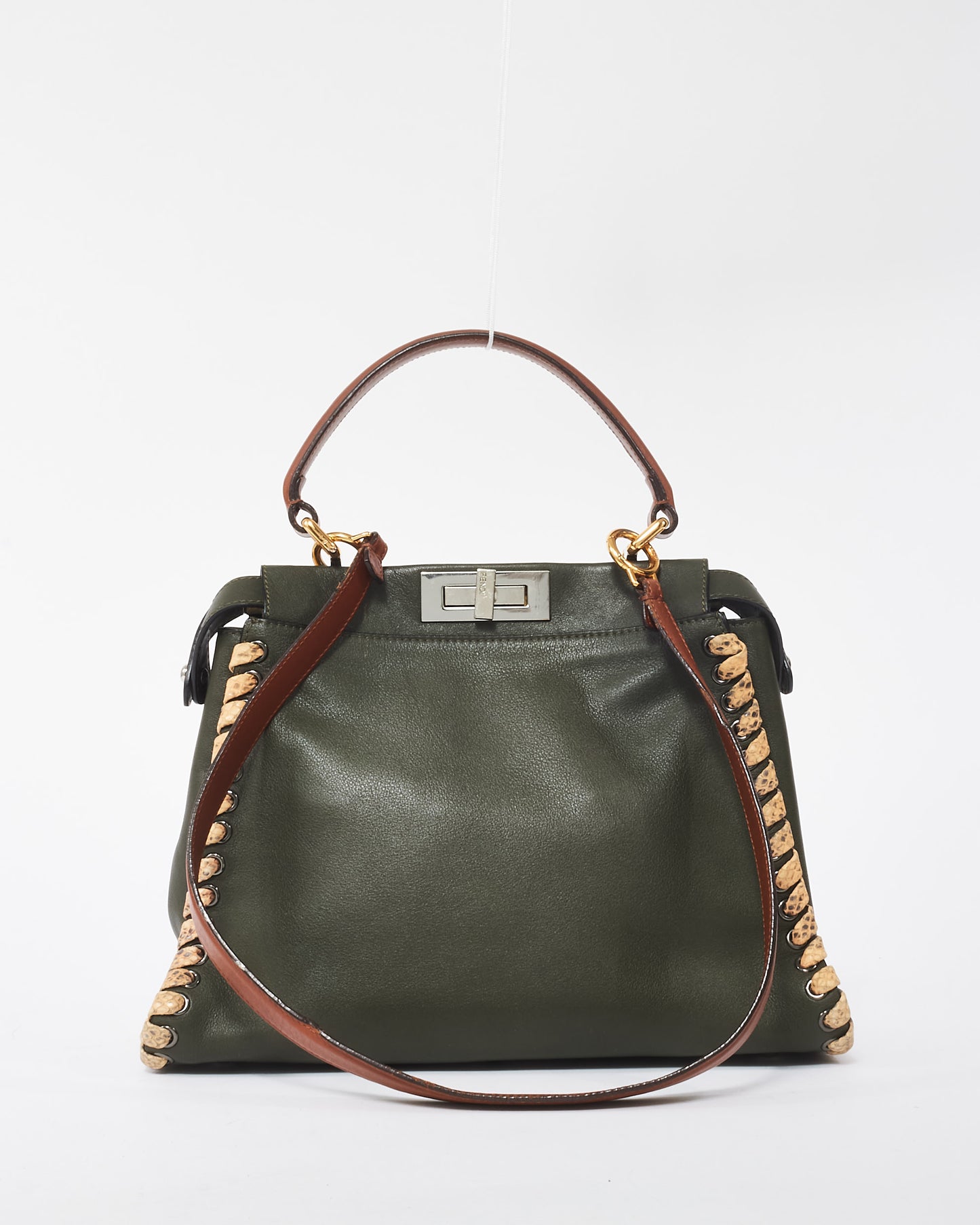 Fendi Army Green Calfskin Leather Elaphe Lace Up Medium Peekaboo