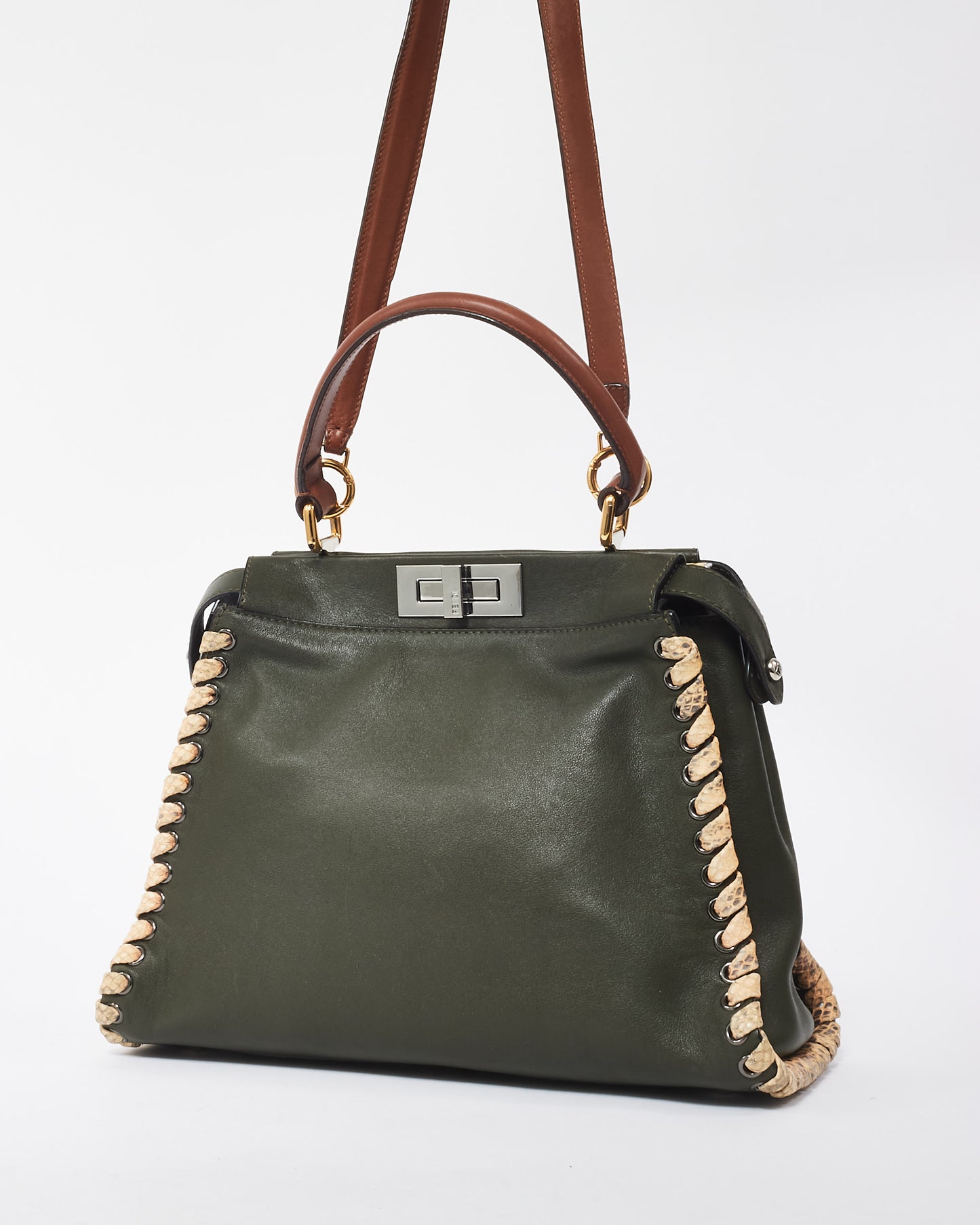 Fendi Army Green Calfskin Leather Elaphe Lace Up Medium Peekaboo