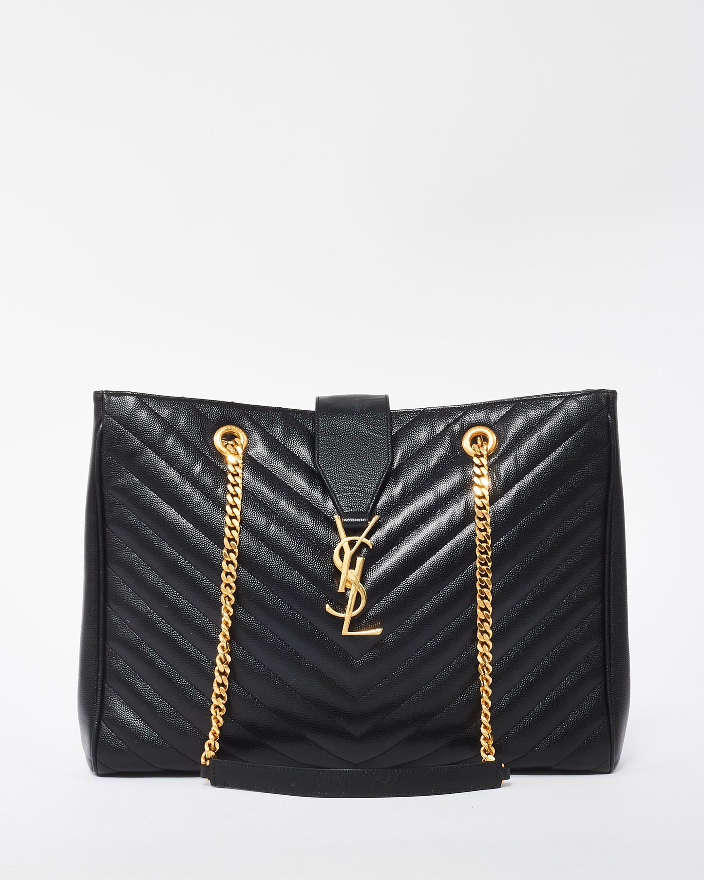 Saint Laurent Black Grain De Poudre Leather Matelasse Shopping Tote Bag