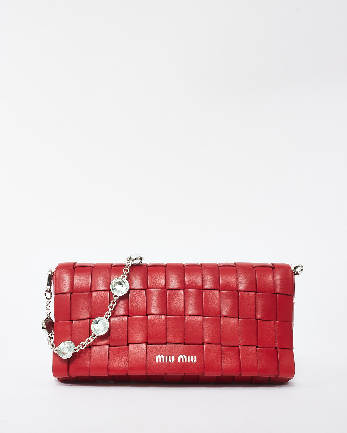 Miu Miu Red Woven Leather Crystal Cloqué Bag