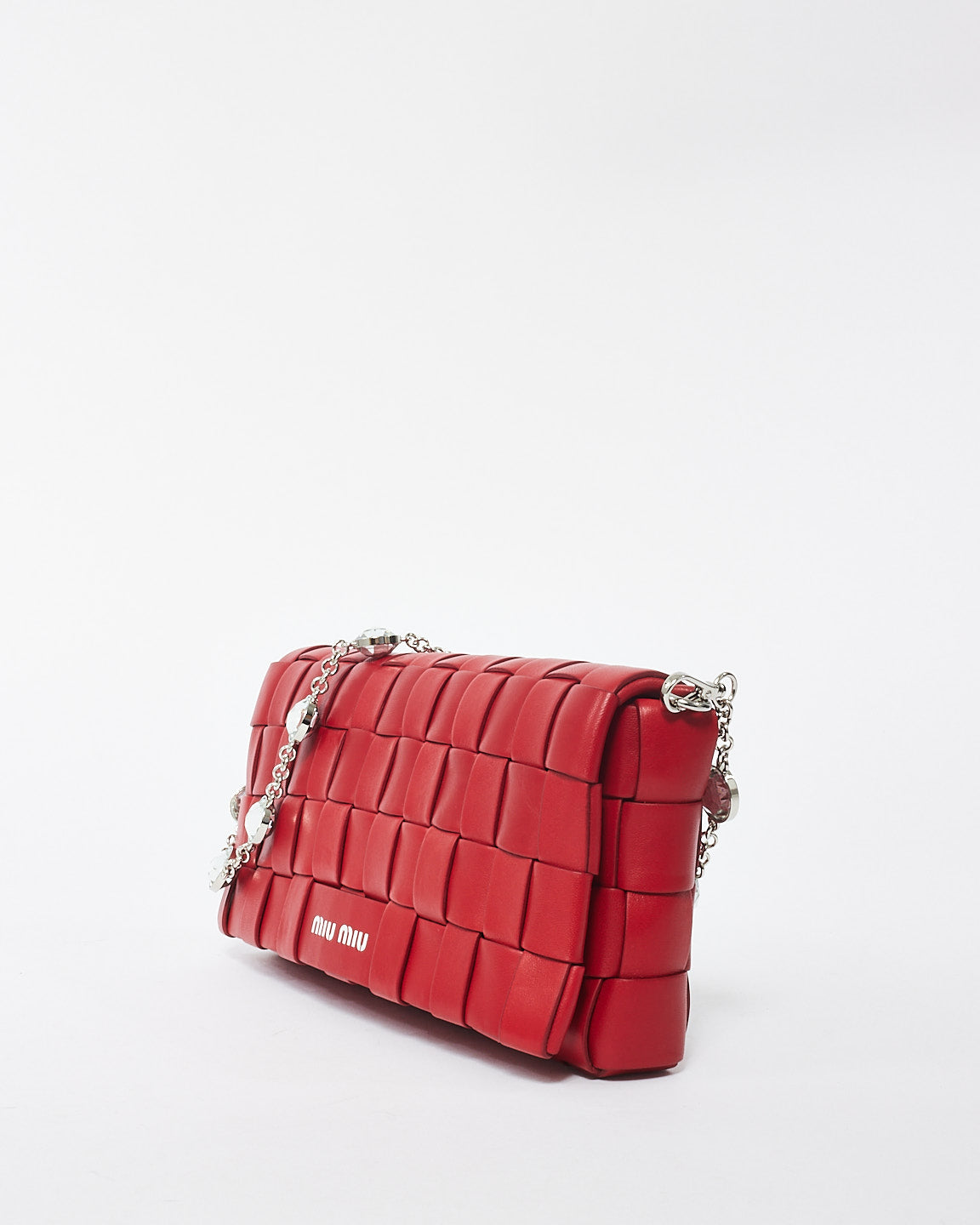 Miu Miu Red Woven Leather Crystal Cloqué Bag