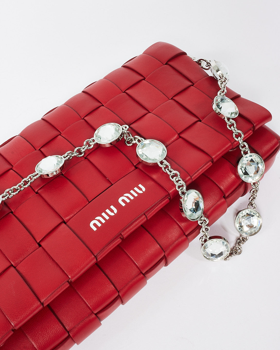 Miu Miu Red Woven Leather Crystal Cloqué Bag