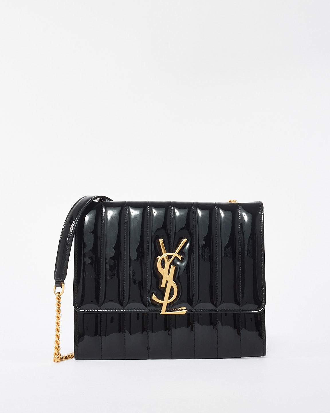 Saint Laurent Black Patent Leather Matelasse Wallet on Chain Vicky Crossbody Bag