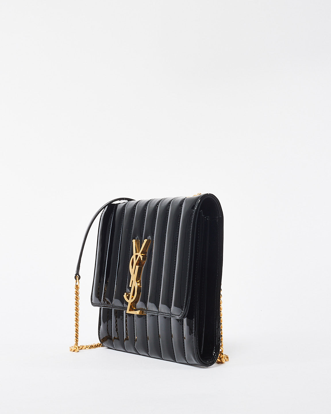 Saint Laurent Black Patent Leather Matelasse Wallet on Chain Vicky Crossbody Bag