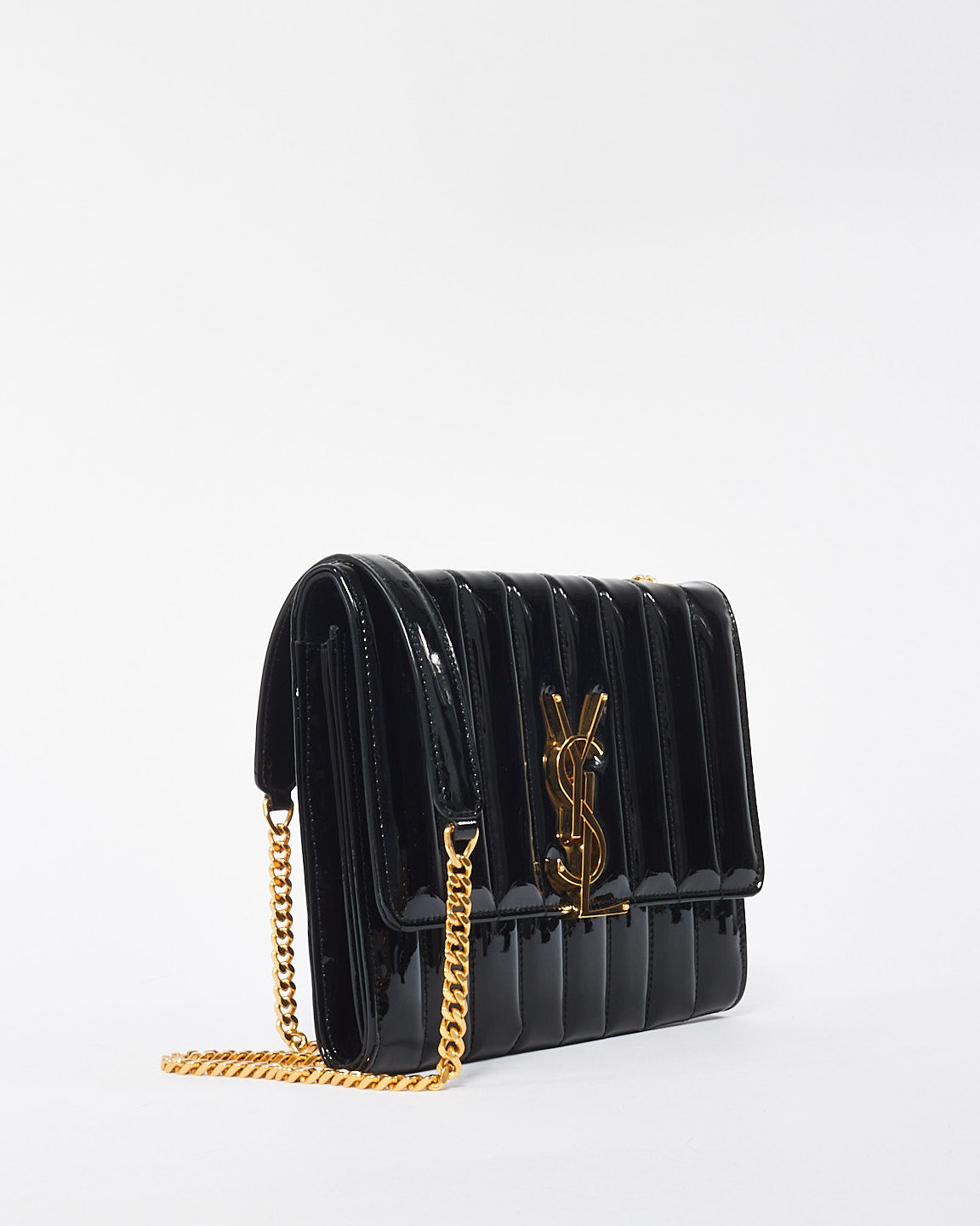 Saint Laurent Black Patent Leather Matelasse Wallet on Chain Vicky Crossbody Bag